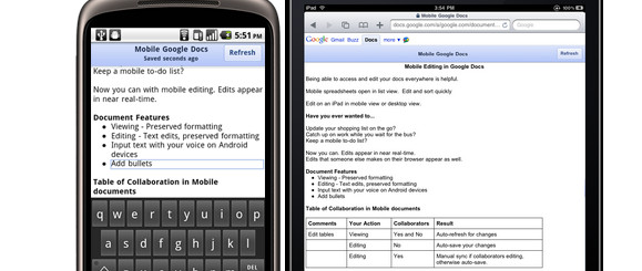 Google Docs editing added to Android, iPhone and iPad