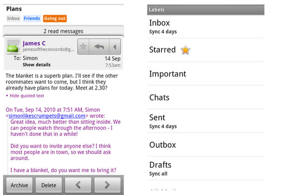 Android GMail app gets updated for the Froyo crew