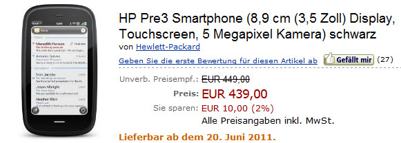 HP Pre 3 smartphone slides in for pre-order on Amazon.de at €449