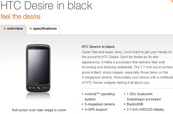 Black HTC Desire appears on Orange and promptly sells out