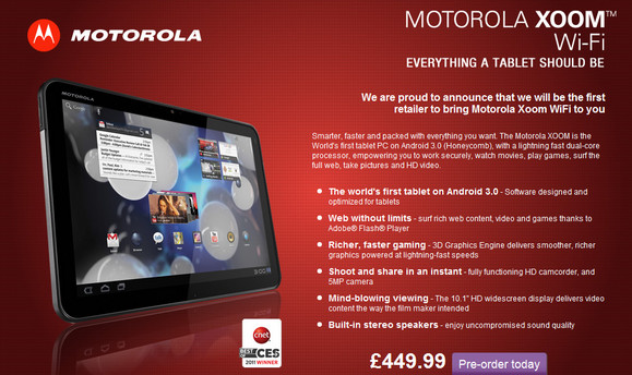 Motorola to sell WiFi-only Xoom for £449.99, undercuts 32GB iPad 