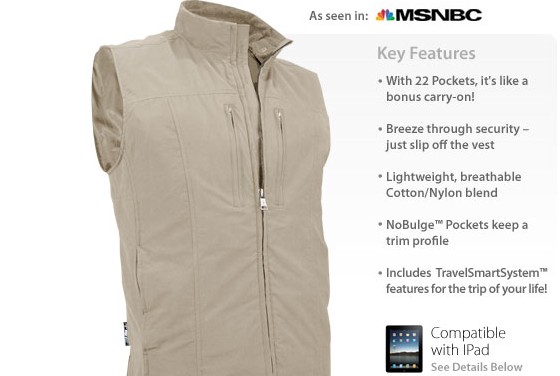 Scottevest comically tries to wedge an iPod into a fisherman's vest