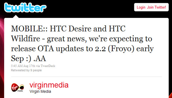 Virgin: Android 2.2 on HTC Desire and Wildfire in September