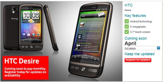 Vodafone UK to offer HTC Legend and HTC Desire Android handsets