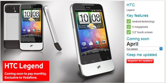 Vodafone UK to offer HTC Legend and HTC Desire Android handsets