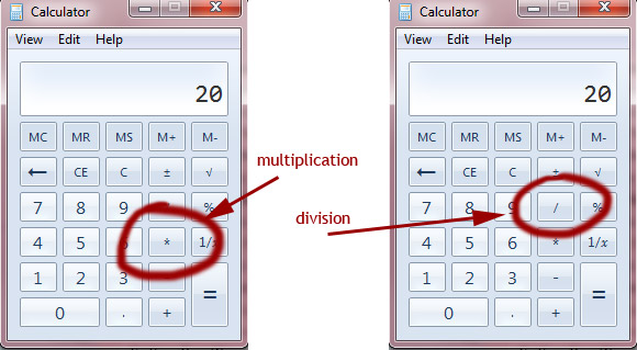 Where are the multiplication and divide symbols in Windows 7 calculator?