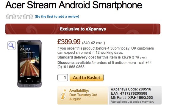 Acer Stream Android handset hits the UK