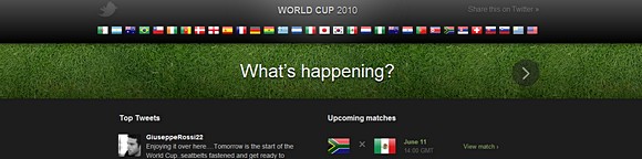 Twitter cashes in on Word Cup fever with dedicated homepage The endless glory (and inevitable disappointment for England fans) of the World Cup is almost upon us, and Twitter are looking to be in the centre of it all. Pin...