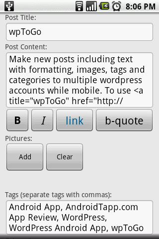 WordPress via an Android phone This is a test post from an Android G1 phone using the WpToGo mobile WordPress app. The interface seems pretty straightforward and simple to use, if a little clunky. Let’s...