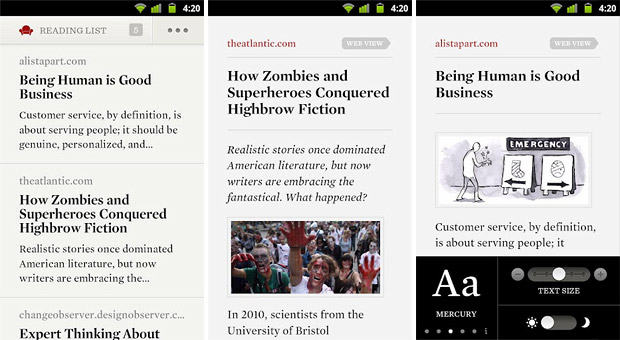 Readability for Android saves stripped down web pages for offline viewing