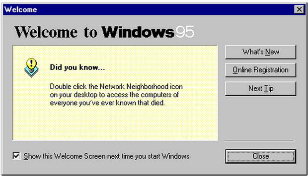 Windows 95 Tips, Tricks, and Tweaks - a lovely parody of system messages