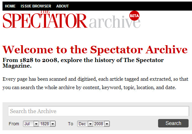 The Spectator posts its archives online, with content dating from 1828
