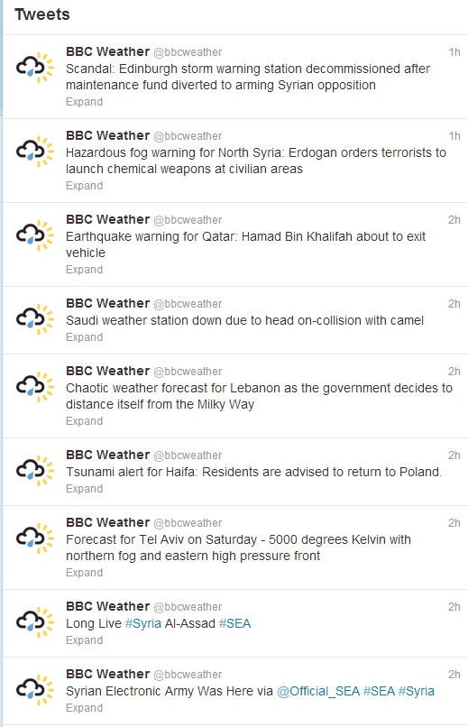 Stormy weather for the BBC as their official weather Twitter feed is hacked by Syrian Electronic Army